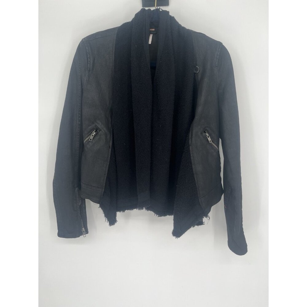 Free People Black Denim Jacket with Built-in Scarf - 4